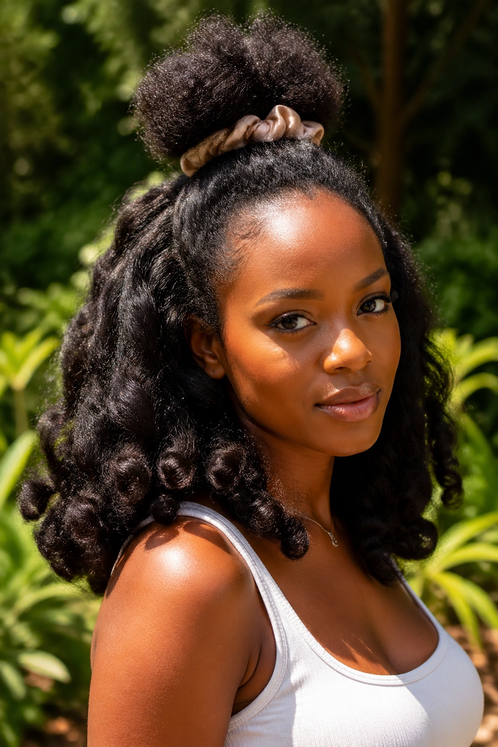 Head-and-shoulders portrait of a real woman in a half-up half-down blowout curls style.