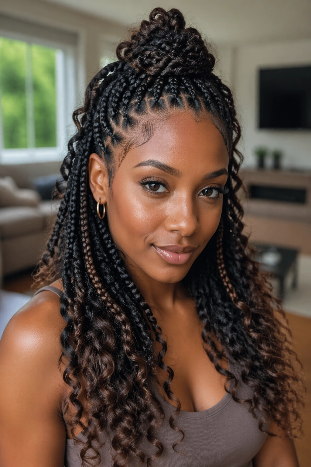 Real woman wearing half-up half-down box braids with curly ends