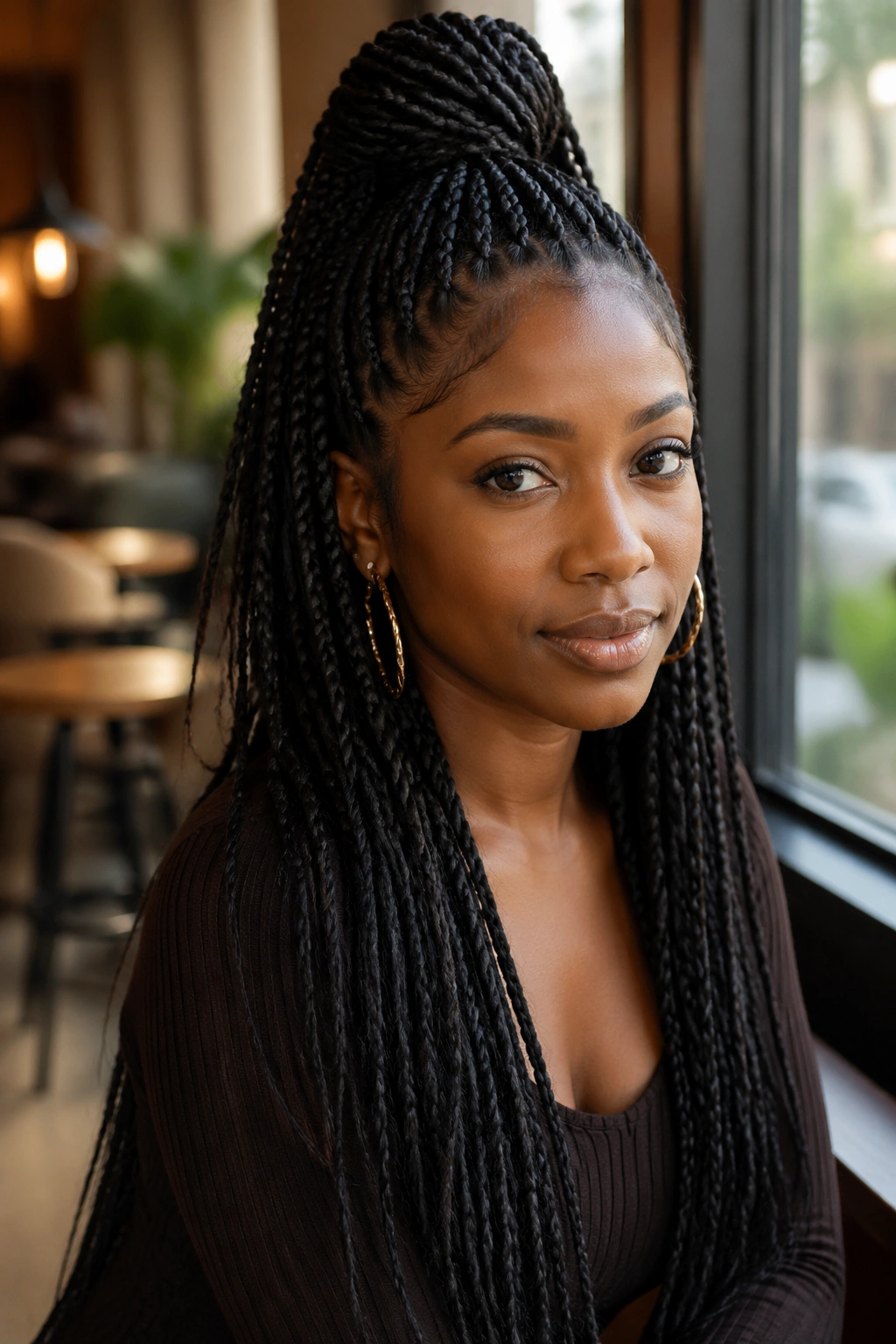 Close-up of half-up half-down long box braids on a real person.