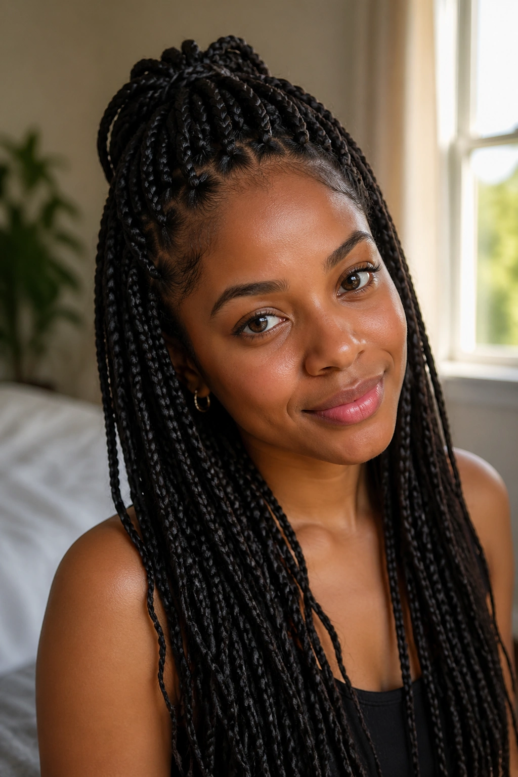 Close-up portrait of a real woman with half-up, half-down box braids