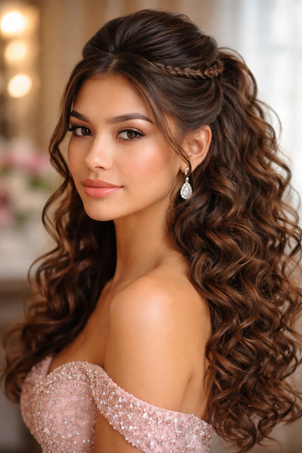 Close-up of a real woman with half-up half-down hairstyle and a braided accent