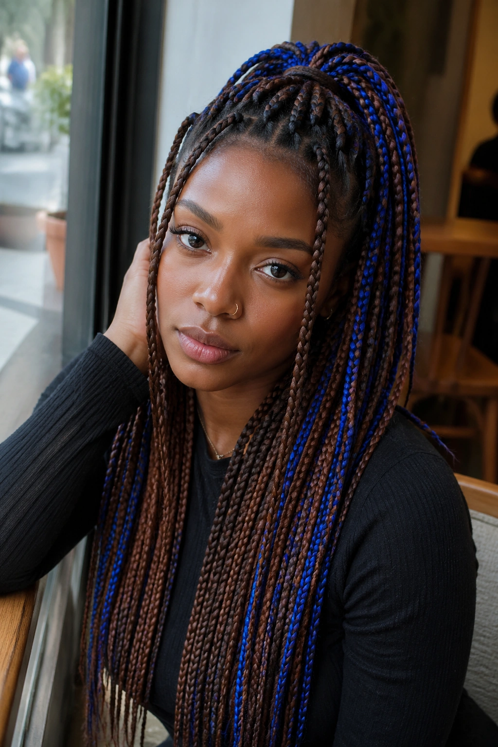 Real person with half-up half-down blue and brown box braids