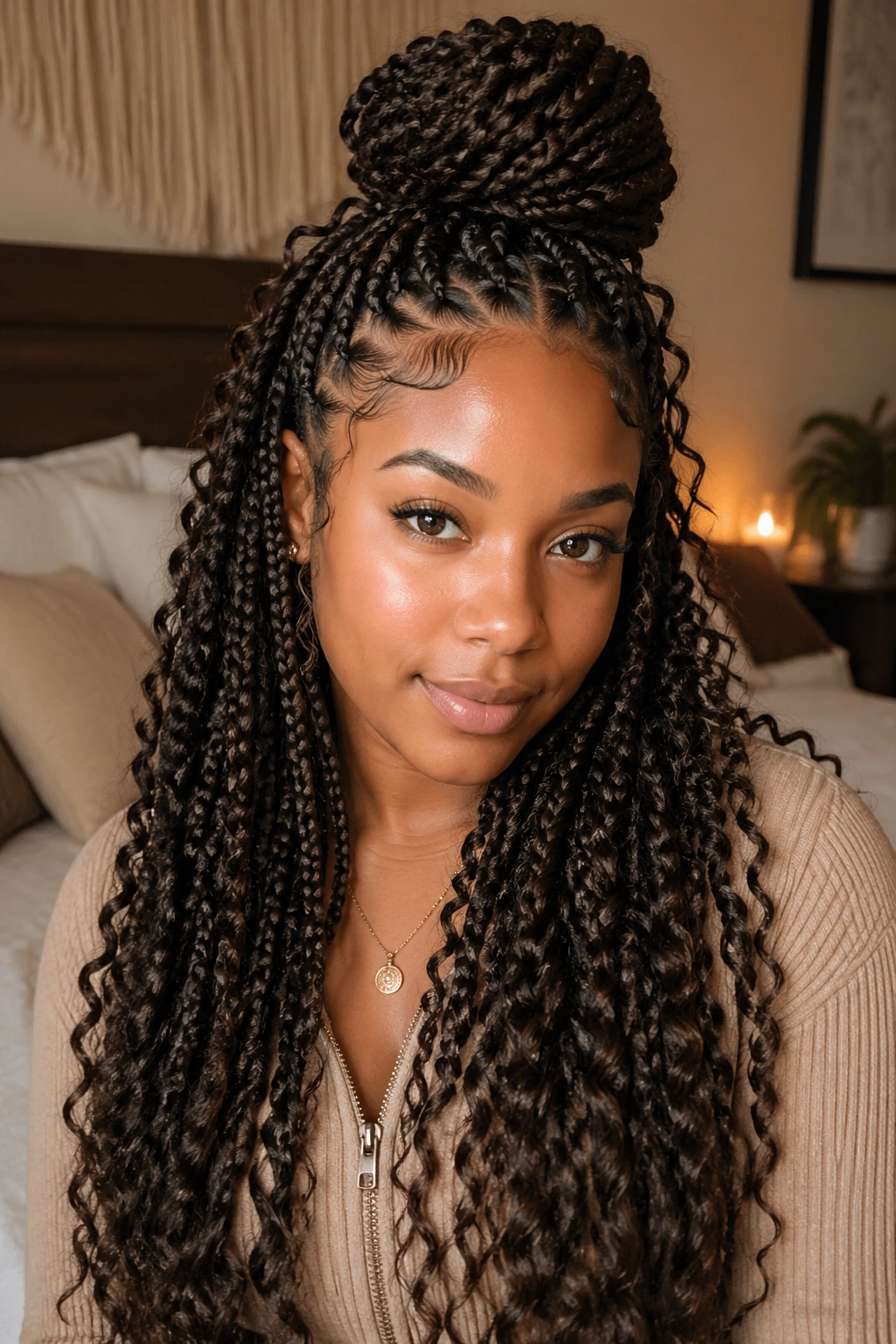 Half-Up Half-Down goddess box braids on real woman with top bun