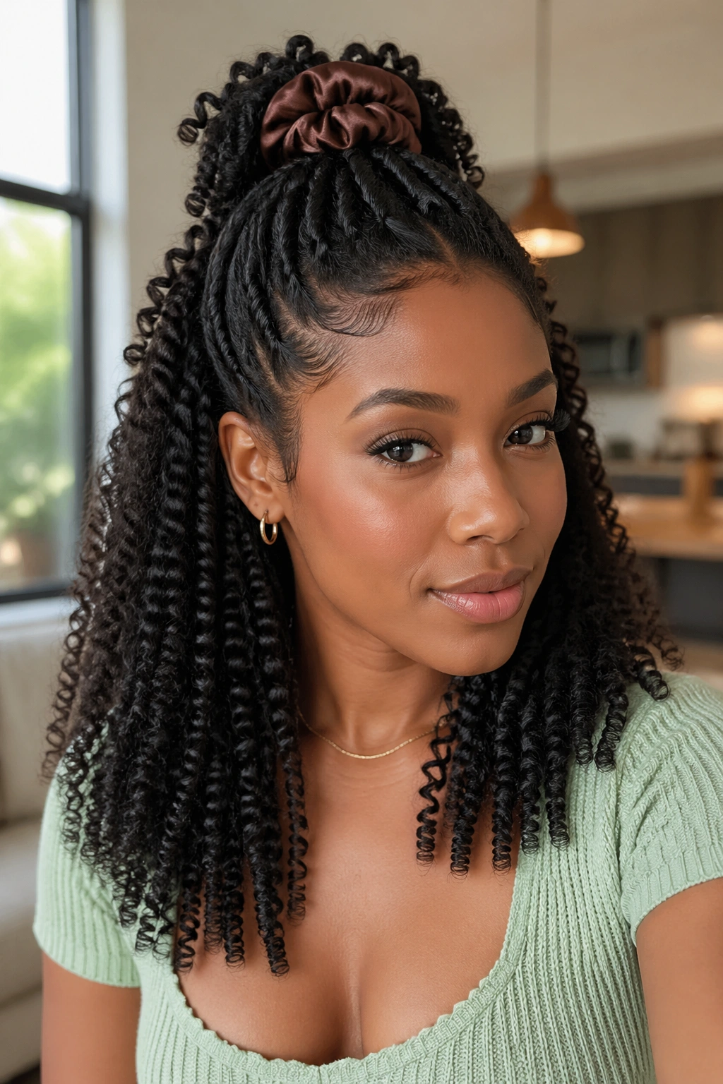 Real woman with half-up half-down coil curls showing top pony and bottom coils