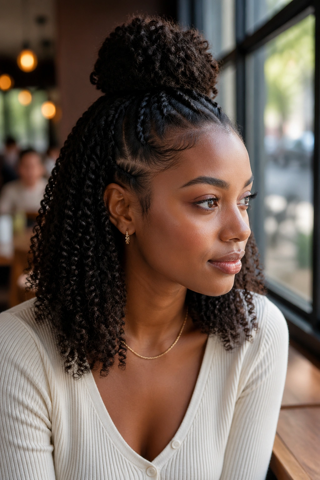 Close-up of real person wearing half-up half-down hairstyle with comb-defined top and flowing curls