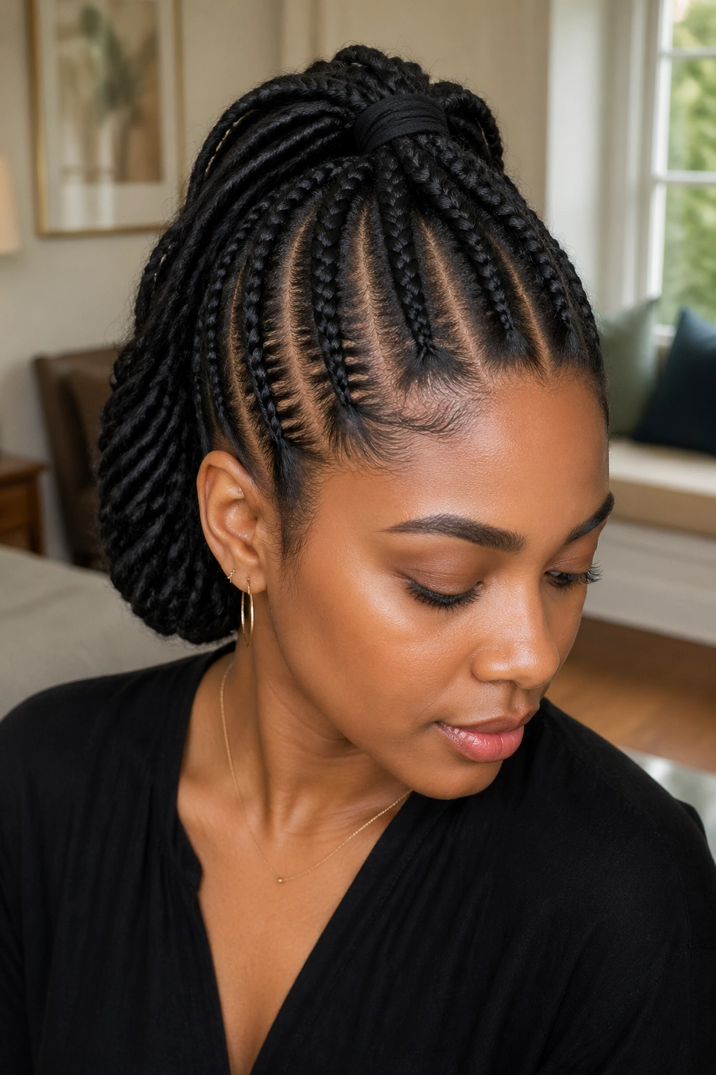 Close-up of a real woman with half-up half-down cornrow hairstyle