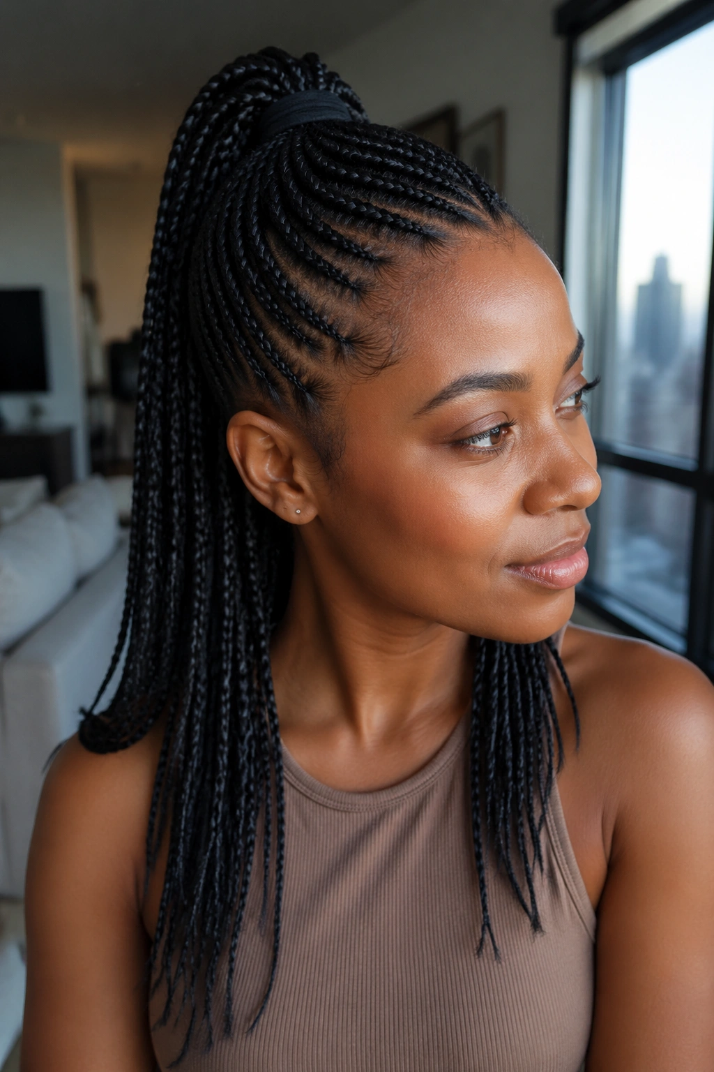 Half-up half-down small cornrows with a high top braid and loose back braids