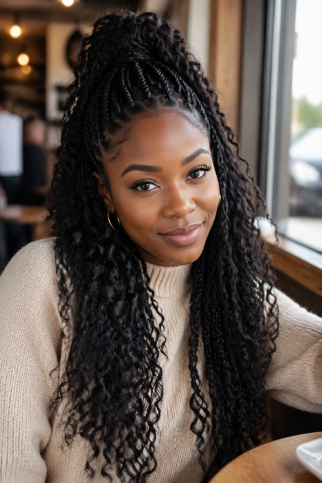 Close-up of a real woman with Half-Up Half-Down Crochet hairstyle in a cafe setting