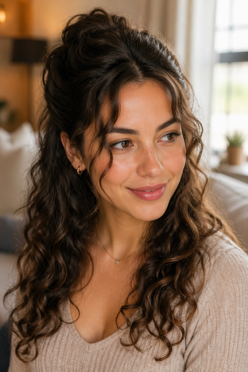 Medium close-up of a real person showing a half-up half-down style with crown lift