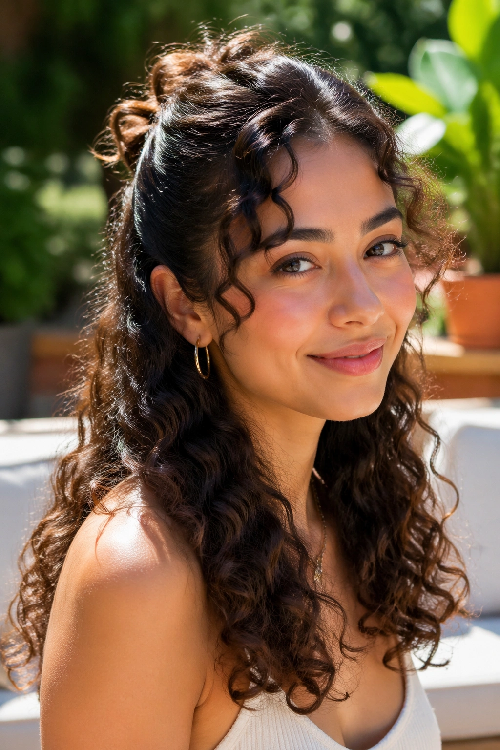 Portrait of a person with half-up half-down curls.