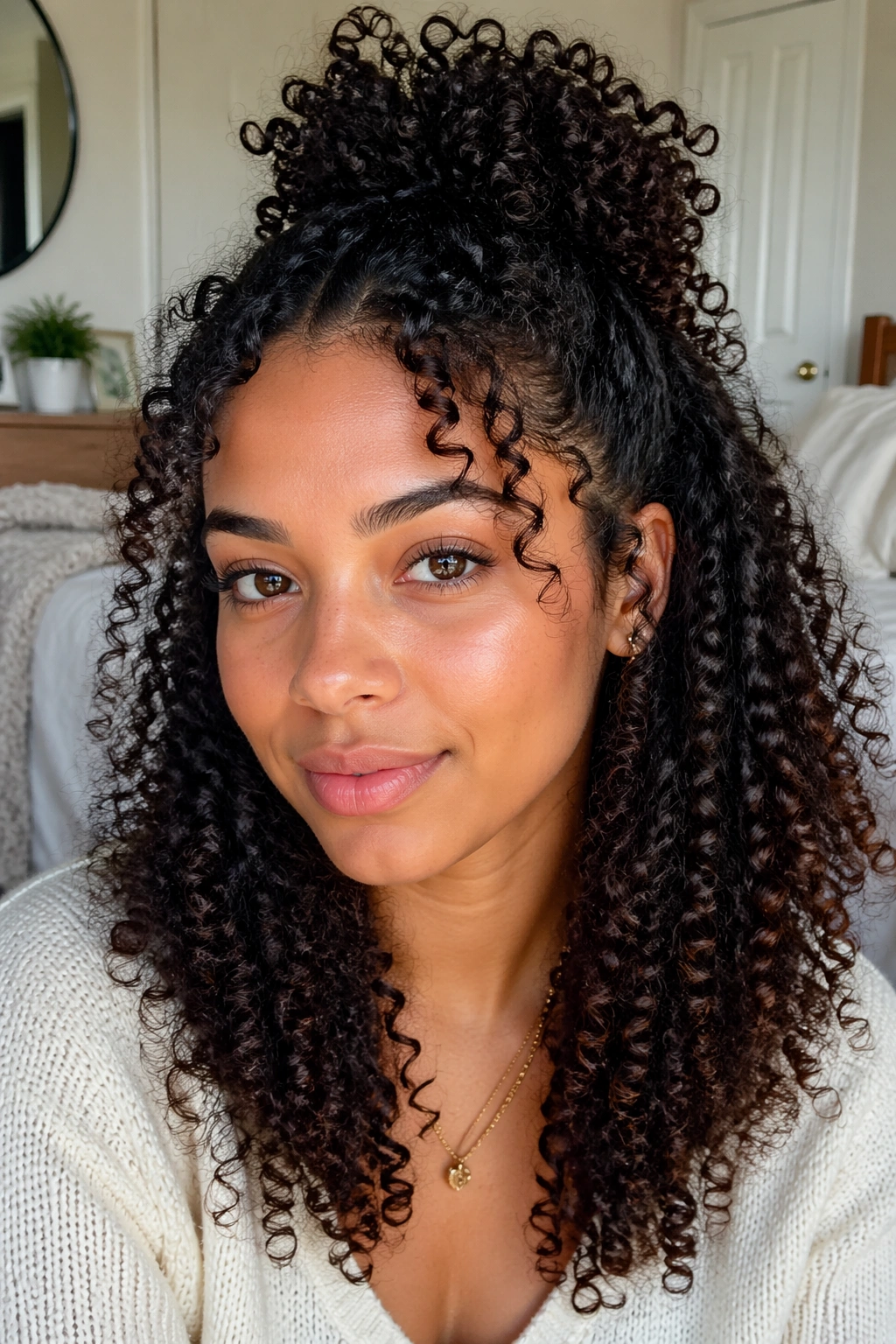 Close-up of a real person with half-up half-down hairstyle