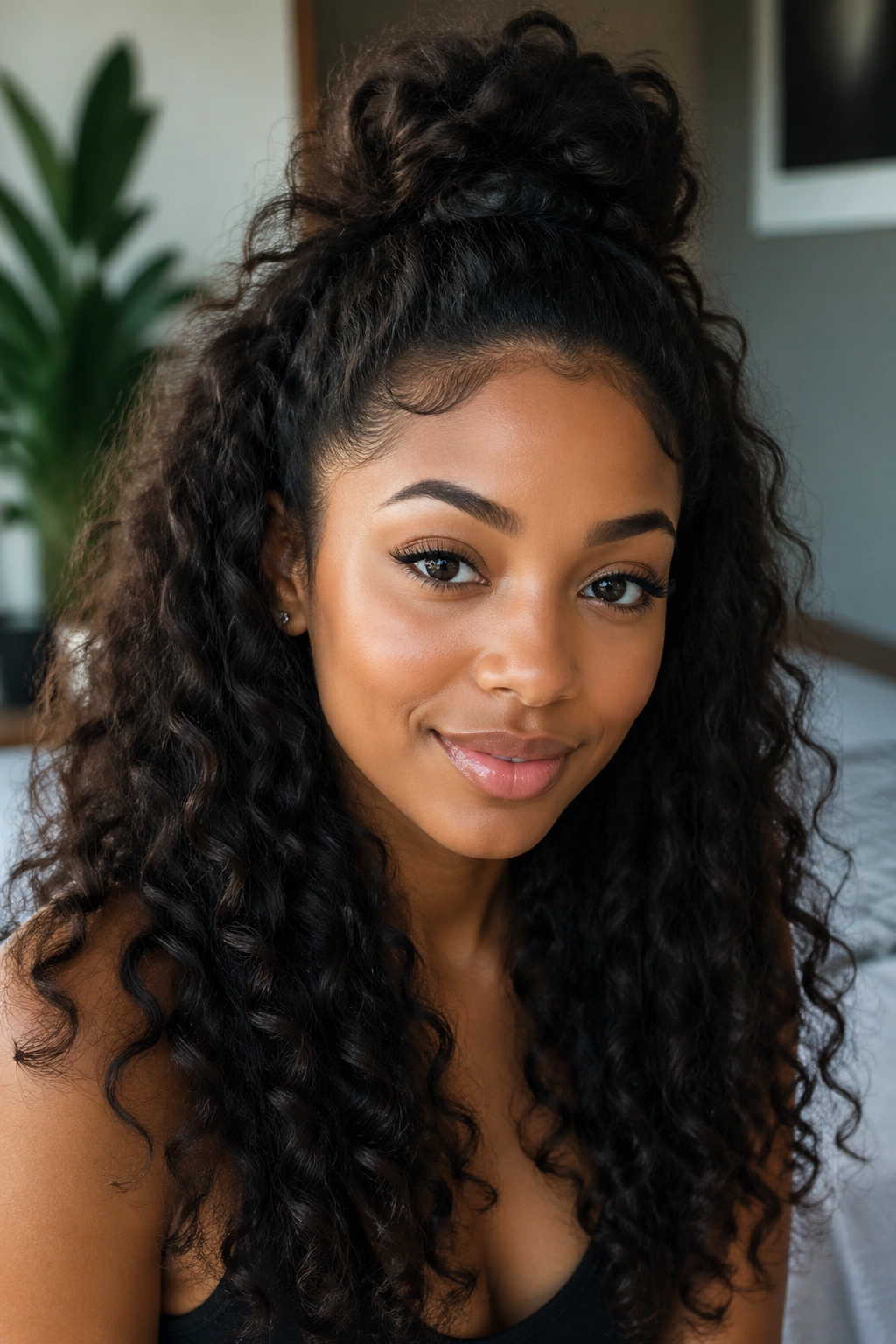 Real person with half-up, half-down curly style