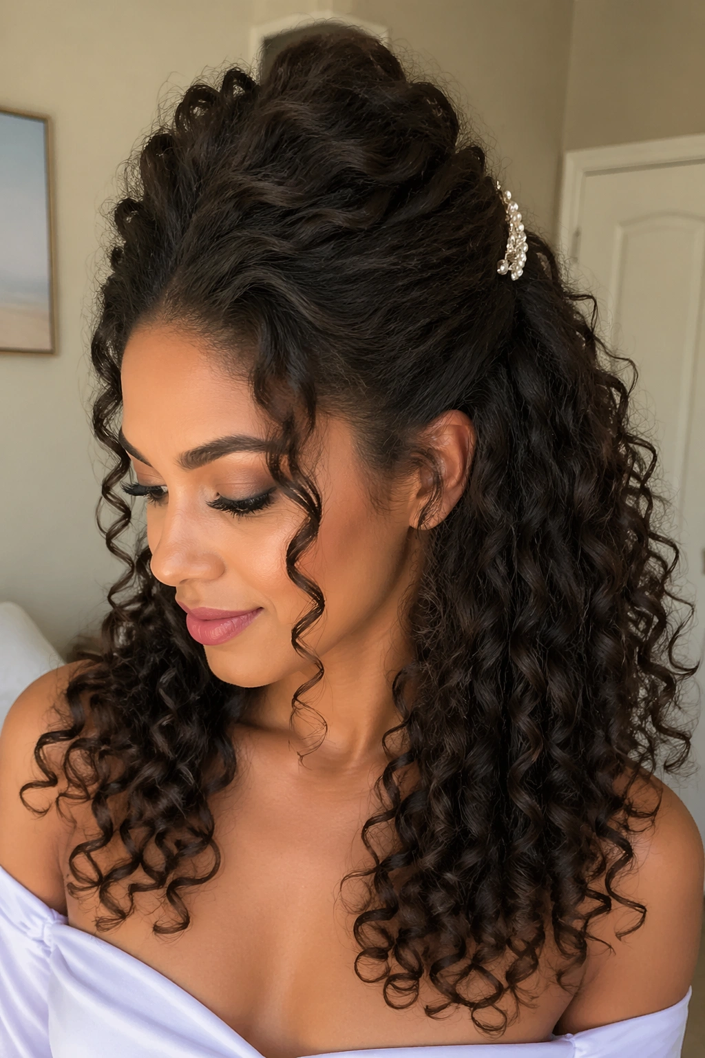Half-up half-down hairstyle with crown volume and defined curls
