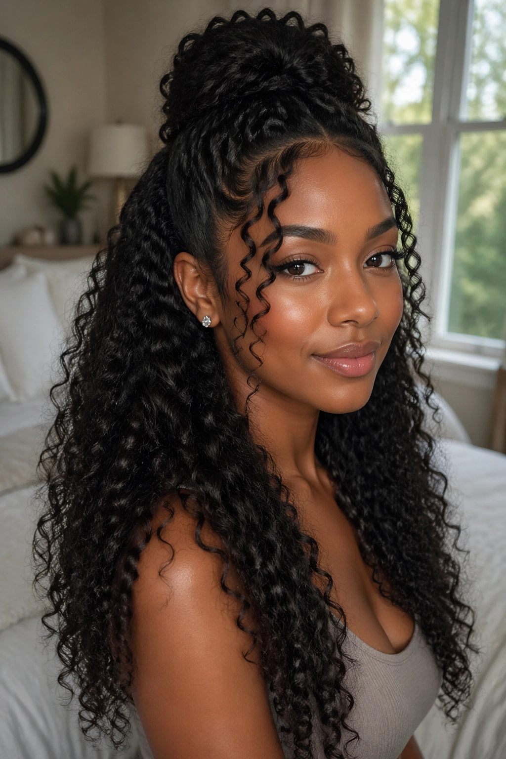 Close-up of a Black woman with half-up half-down curls showing length
