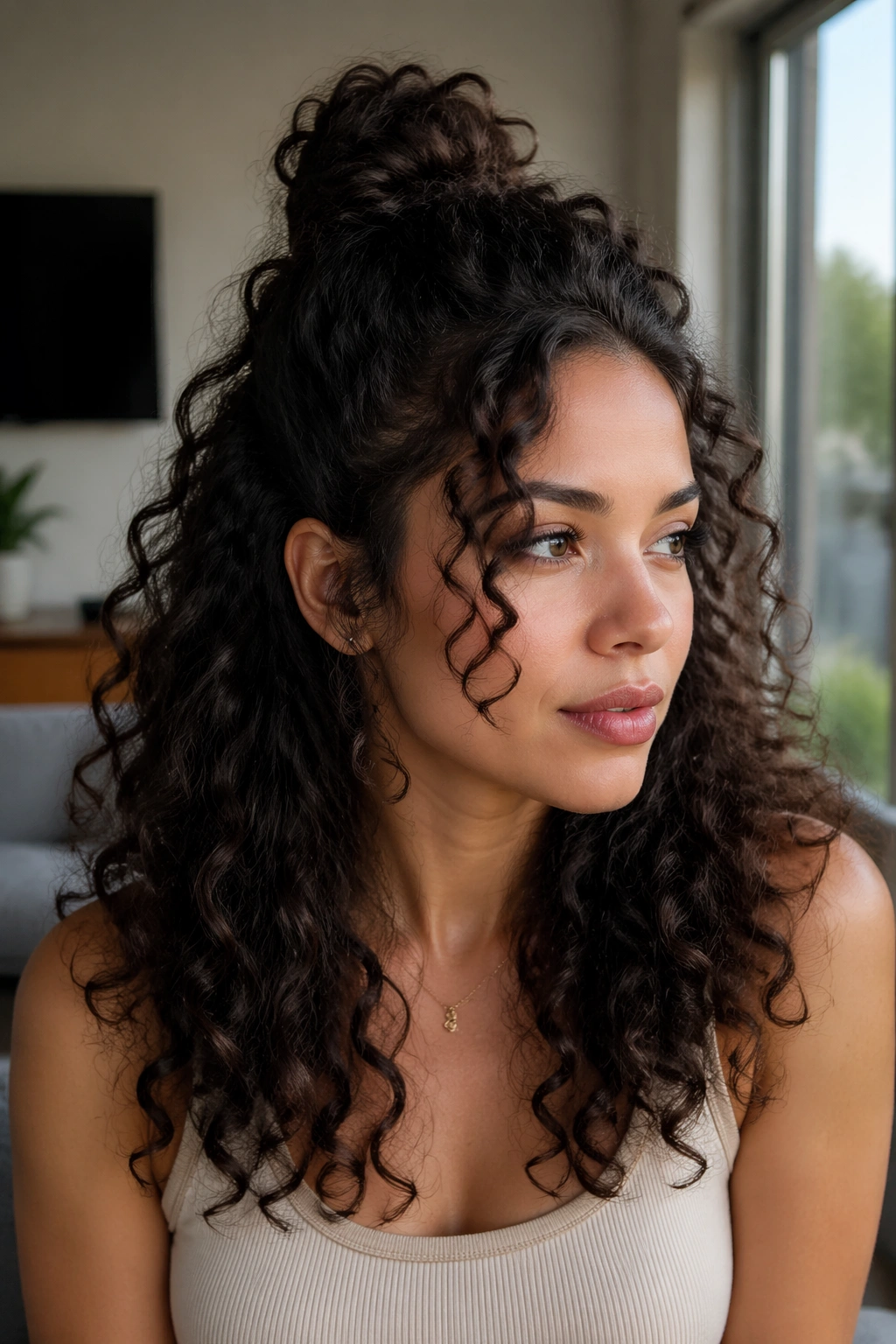 Close-up of a real woman with half-up, half-down hairstyle in a bright living room.