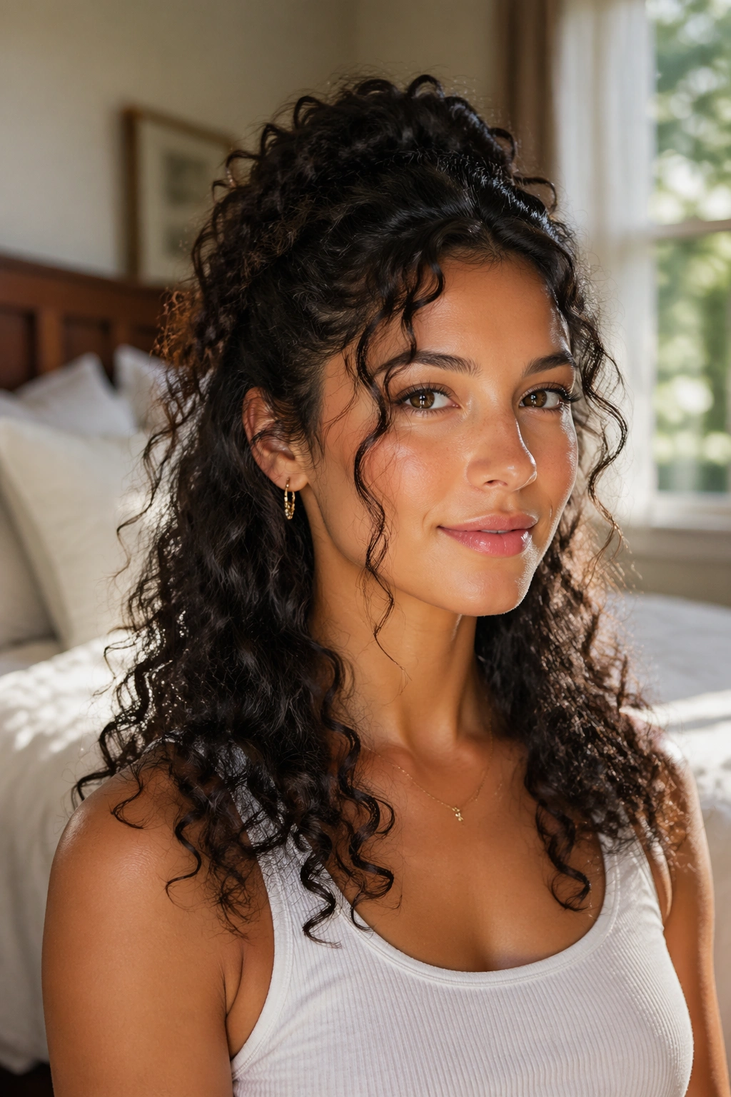 Medium close-up of half-up half-down curls on a real person in soft daylight
