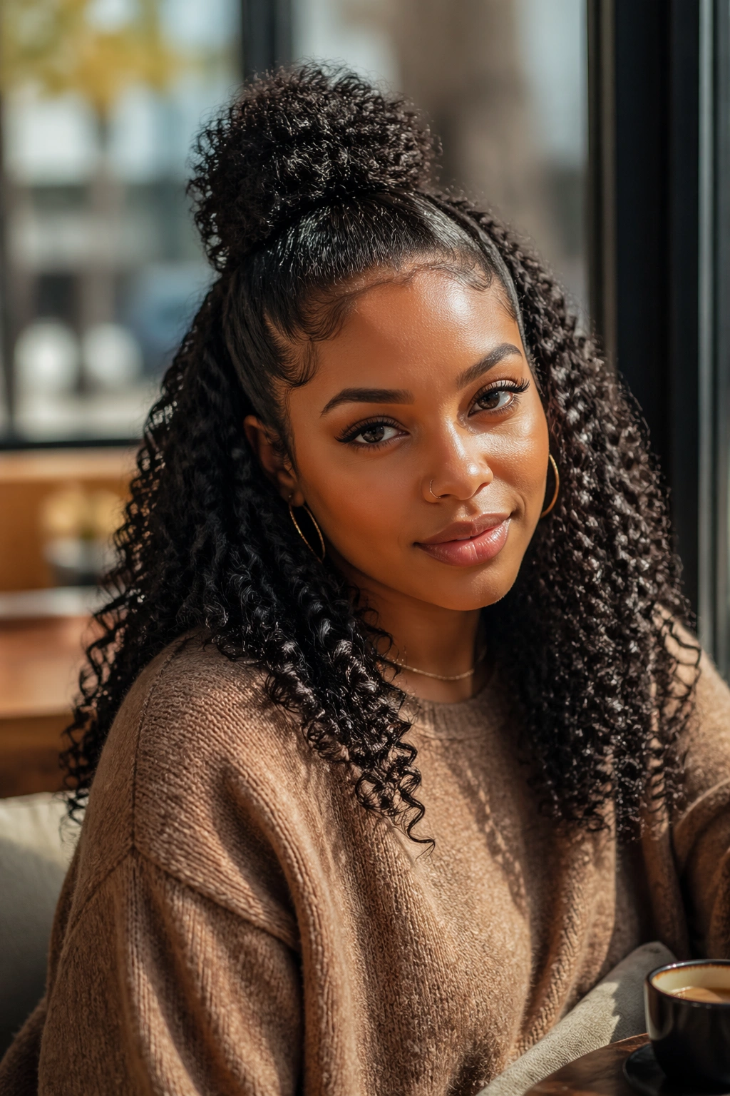 Close-up of a Black woman with half-up half-down curls at cafe window