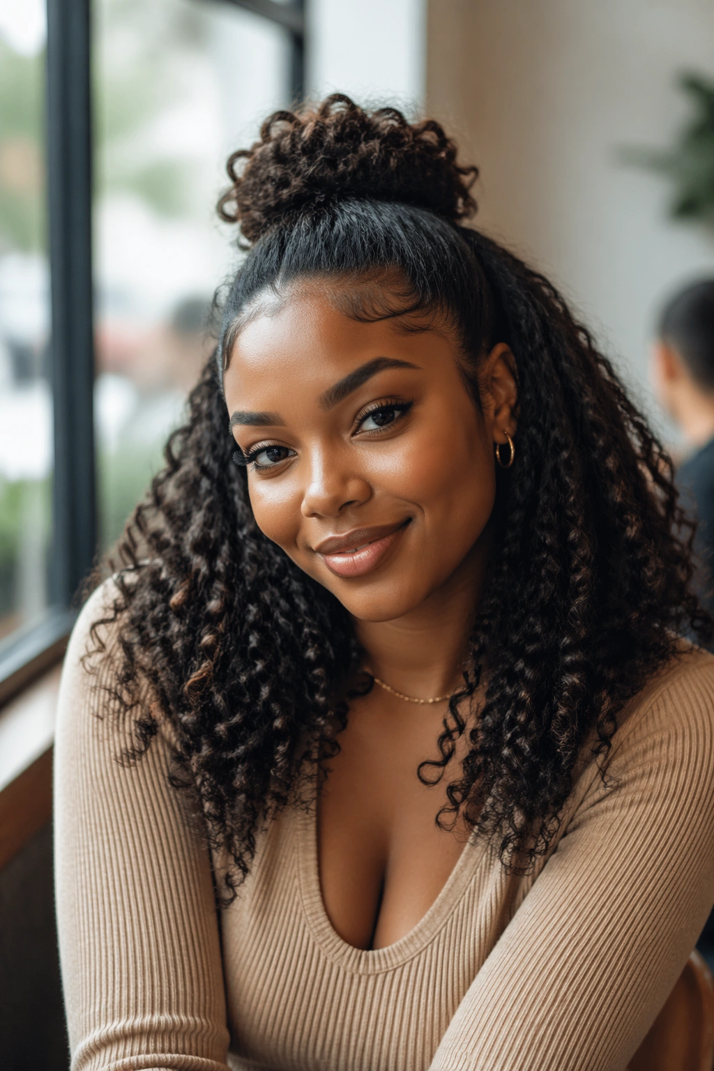 Portrait of a real Black woman with half-up half-down curls