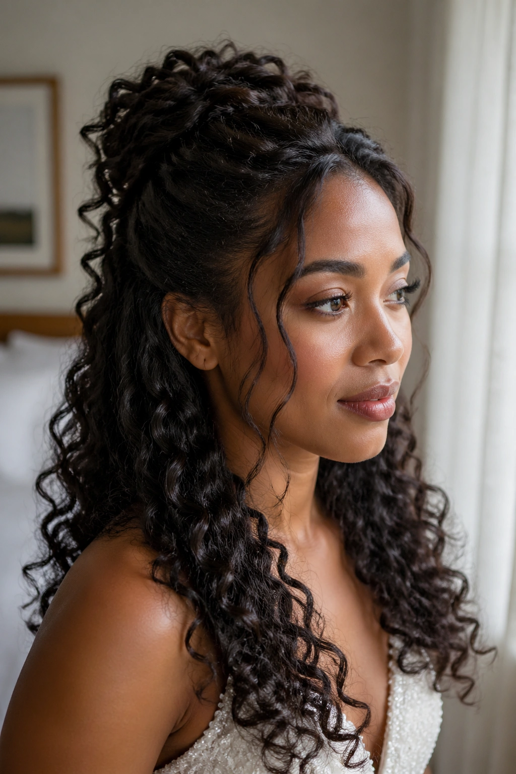 Close-up of a real woman with half-up half-down curls in soft light