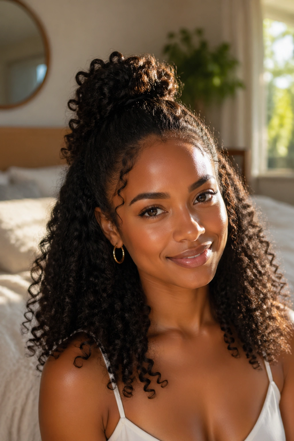 Close-up of a real woman with a half up half down hairstyle, top pulled back and bottom curls flowing in warm natural light.