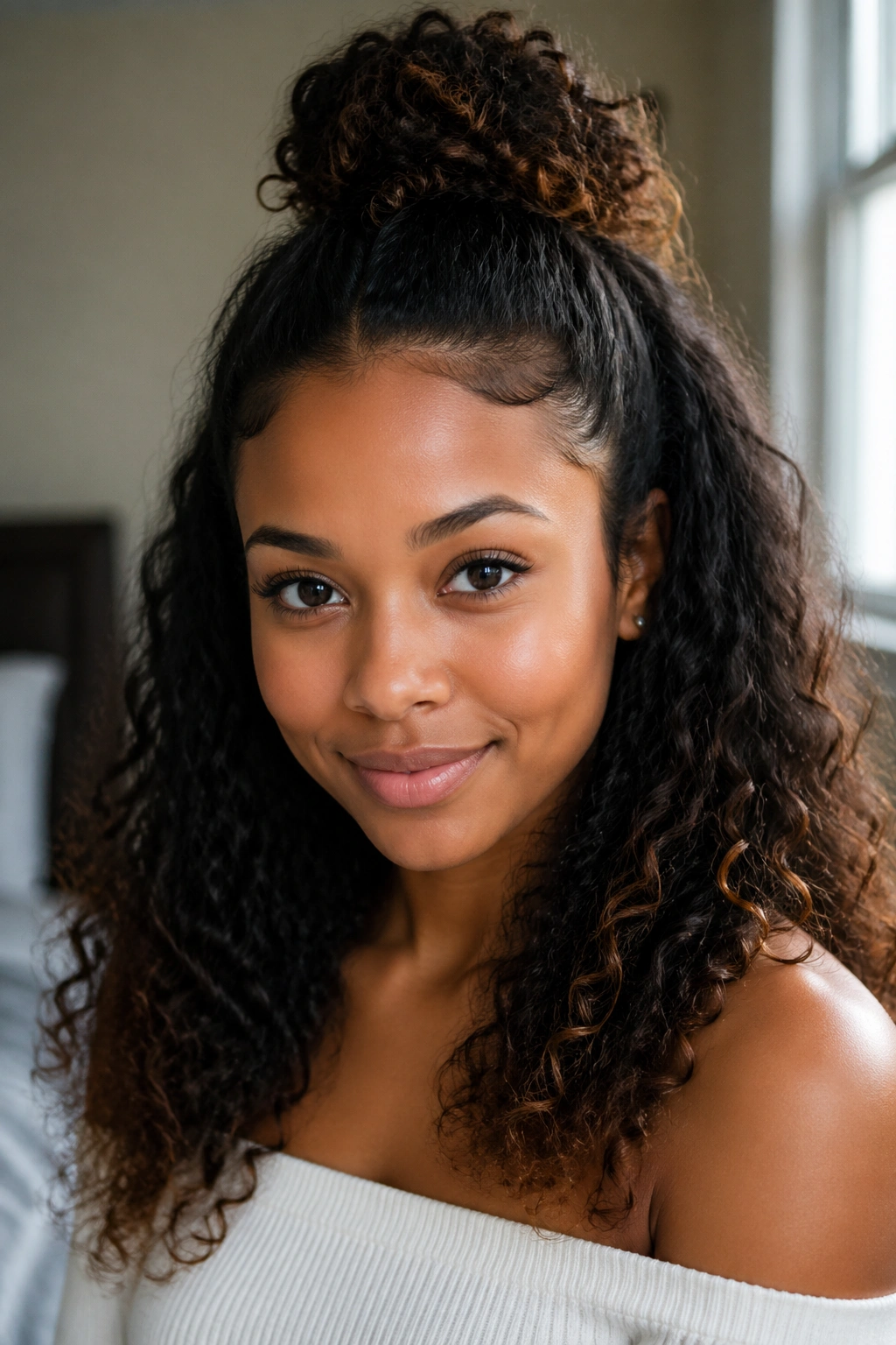 Portrait of a real woman with a half-up, half-down curly hairstyle
