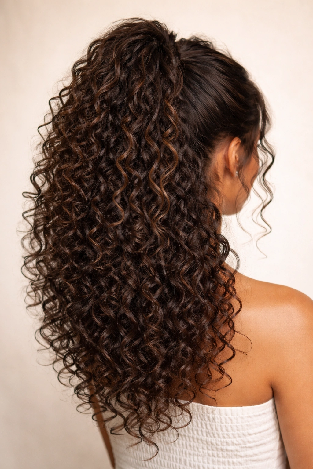 Half-up half-down curly ponytail with defined curls