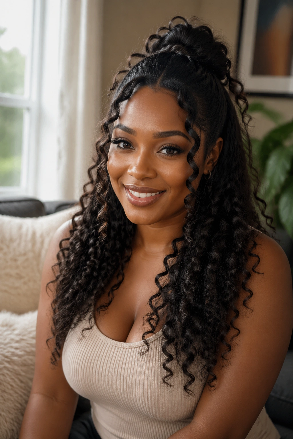 Portrait of a real Black woman with half-up half-down curly weave and face-framing pieces in a cozy living room