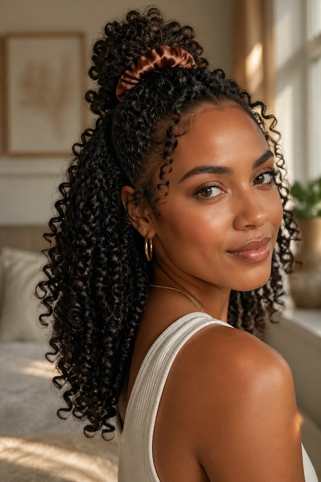 Close-up of a real woman with half-up half-down gel curls and satin scrunchie