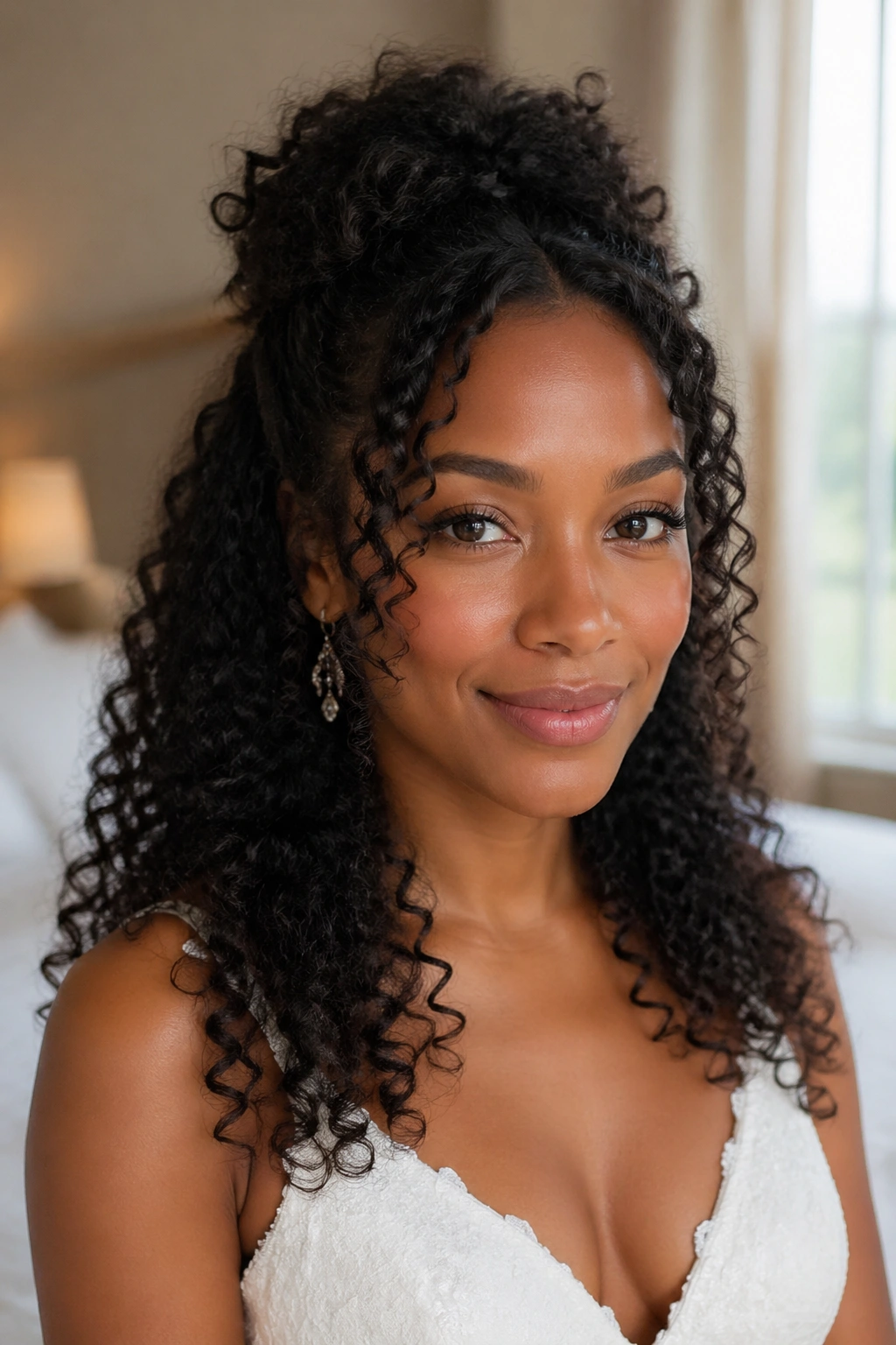 Bride with loose curly half-up half-down hairstyle