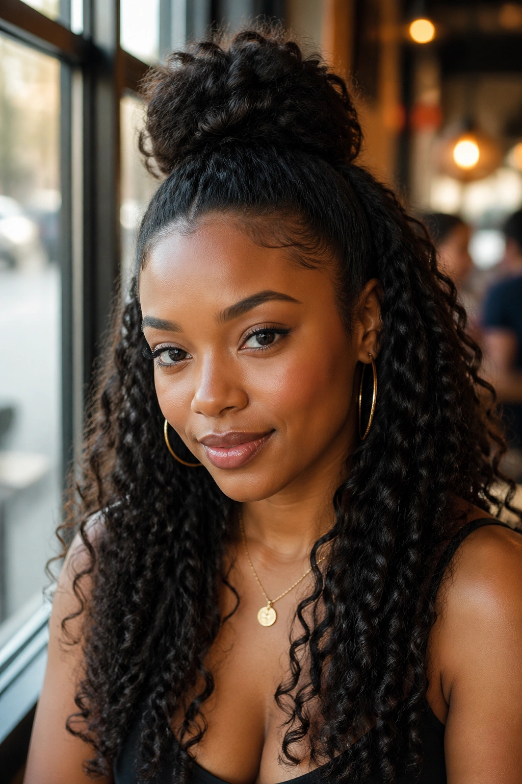 Portrait of a woman with the half-up half-down hairstyle.