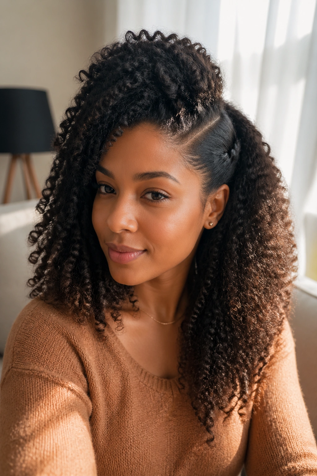 Close-up of a real person with half-up half-down hairstyle and side part