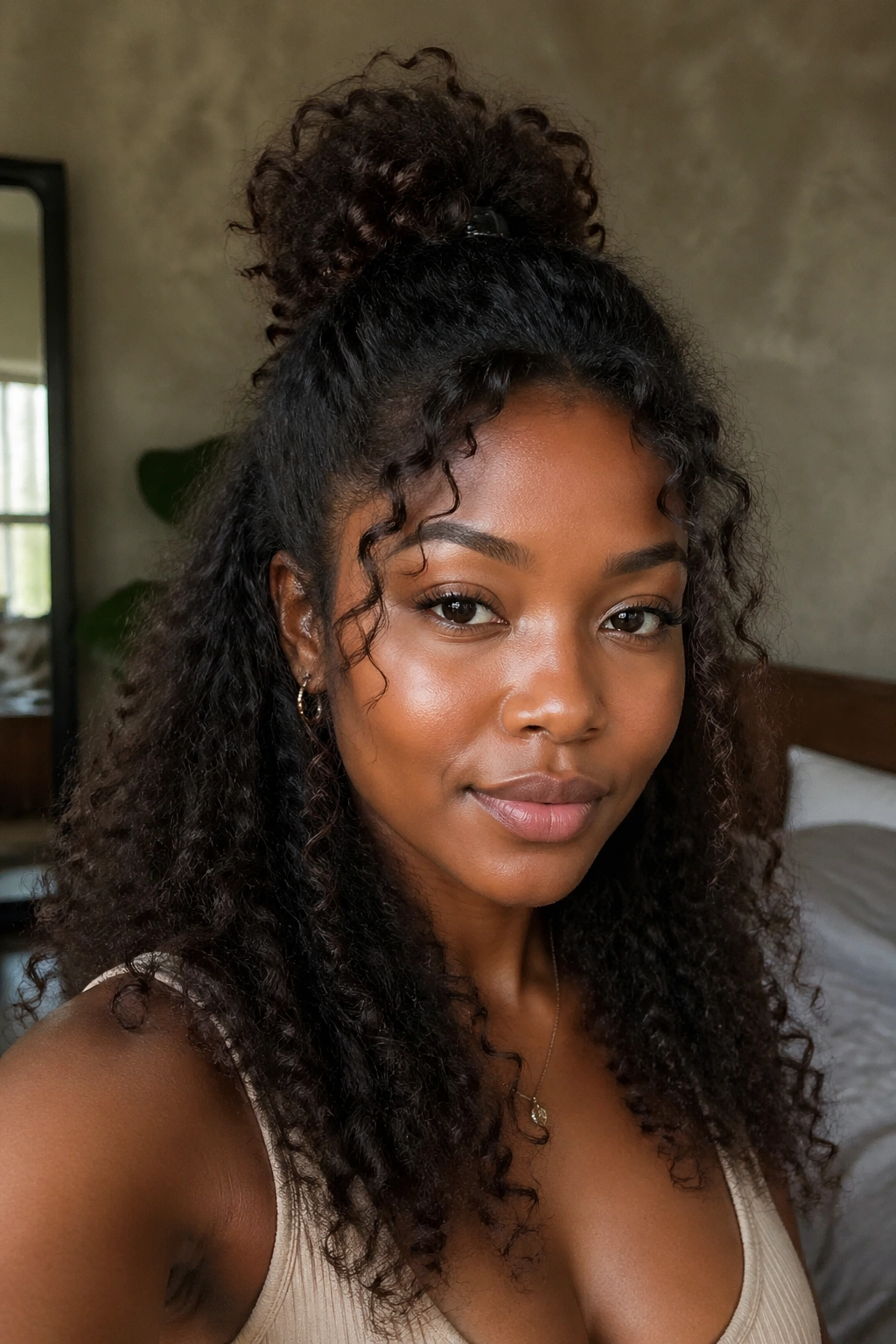 Close-up of a real woman with half-up half-down natural hairstyle in cozy room light