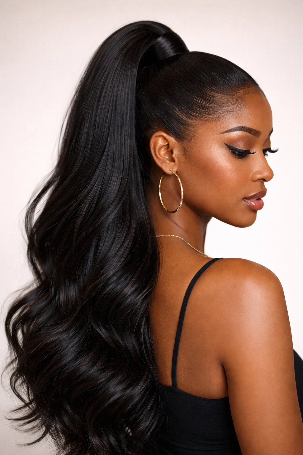 Half-up half-down sleek pony with seamless transition between top and bottom hair