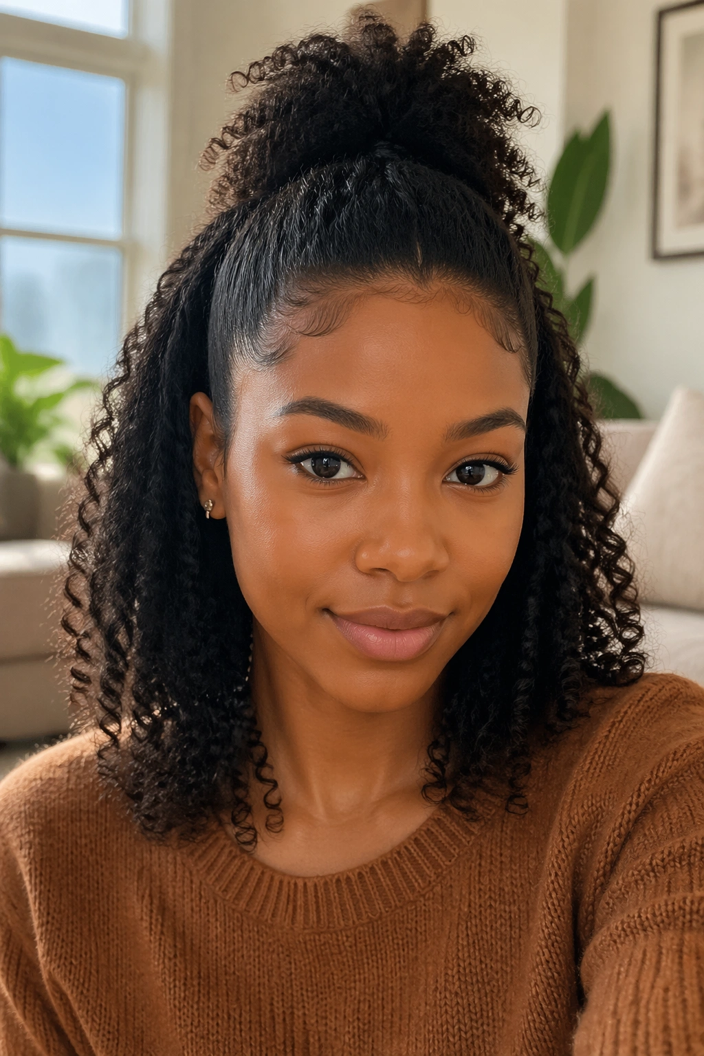 Close-up of a Black woman with a half-up, half-down ponytail and flowing curls.