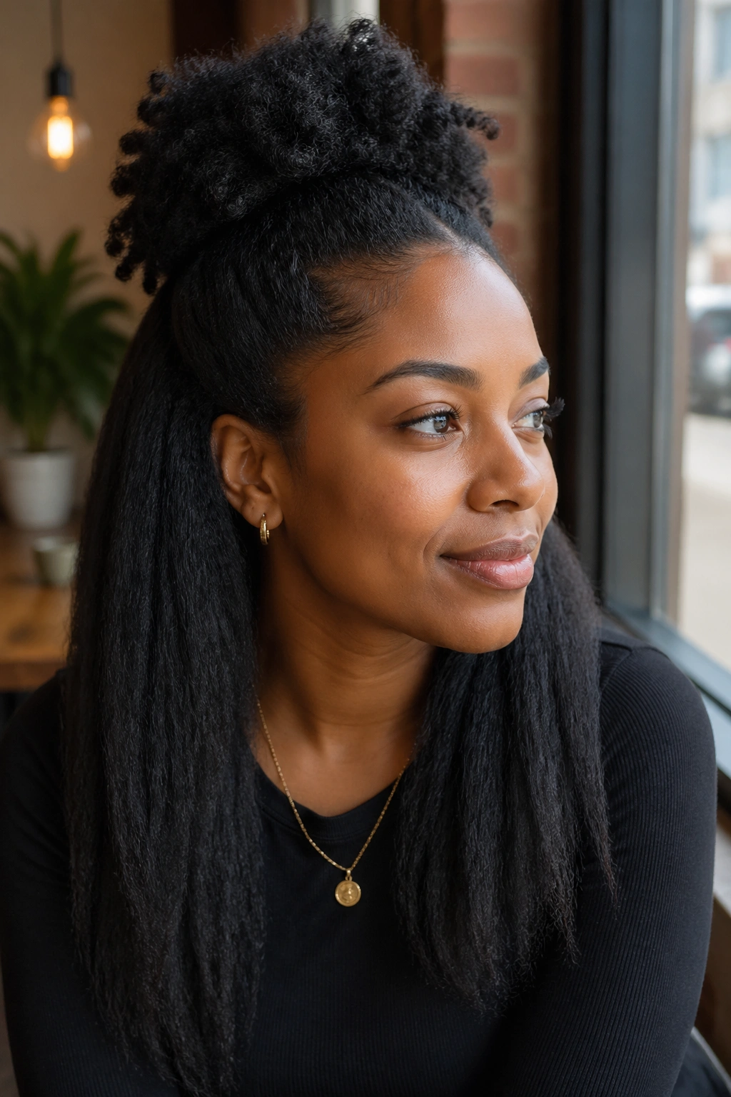 Real person with half-up half-down stretched hairstyle.