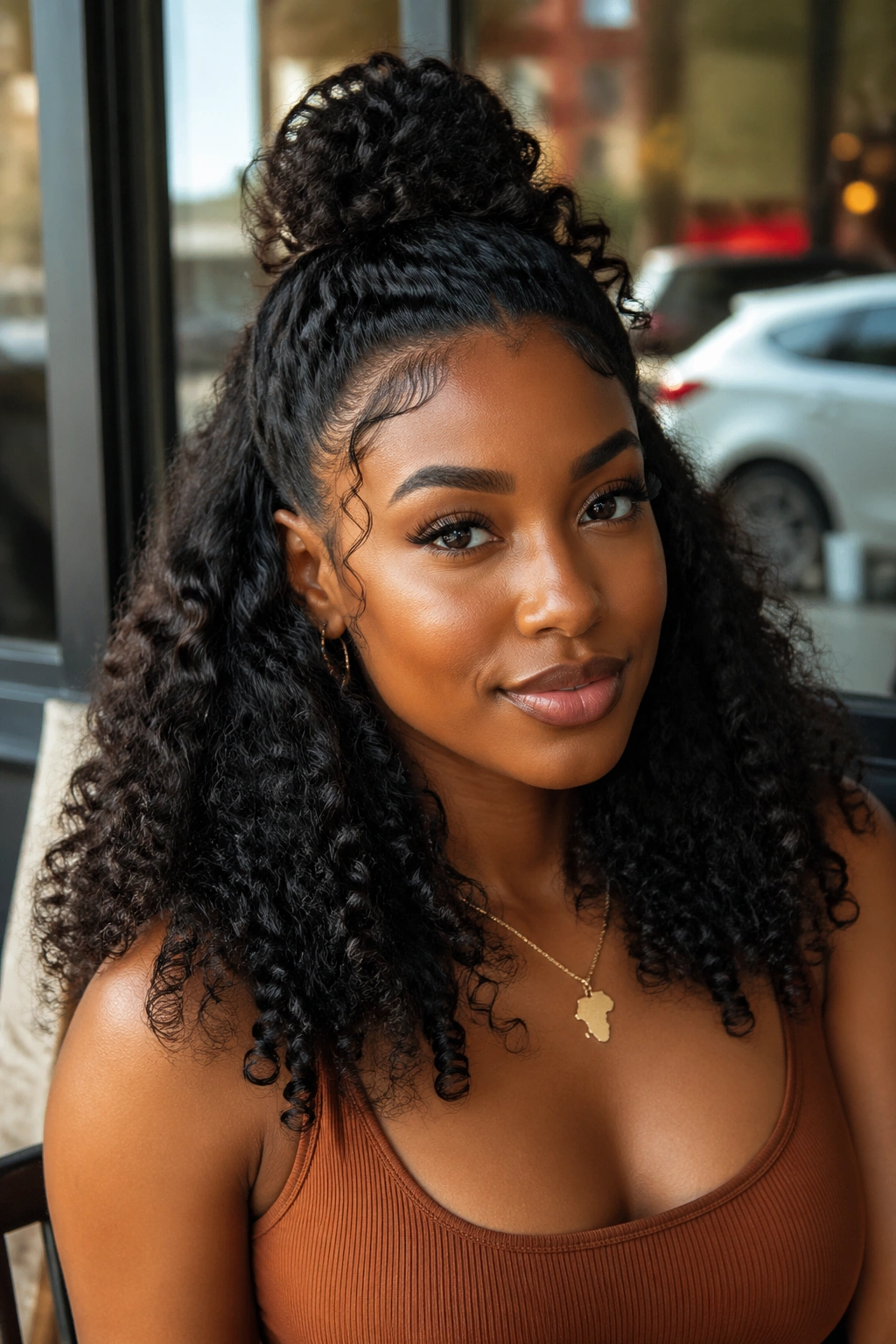 Close-up portrait of a real Black woman with half-up half-down hair, top bun and bottom curls in daylight