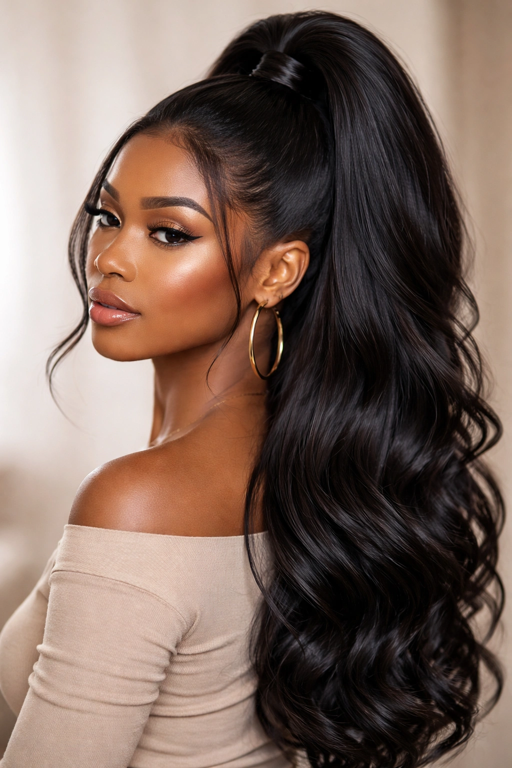 Half-up half-down weave ponytail showing blended texture at temples