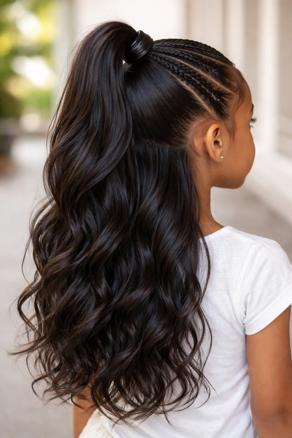 Half-up half-down weave style showing a top ponytail and flowing bottom hair