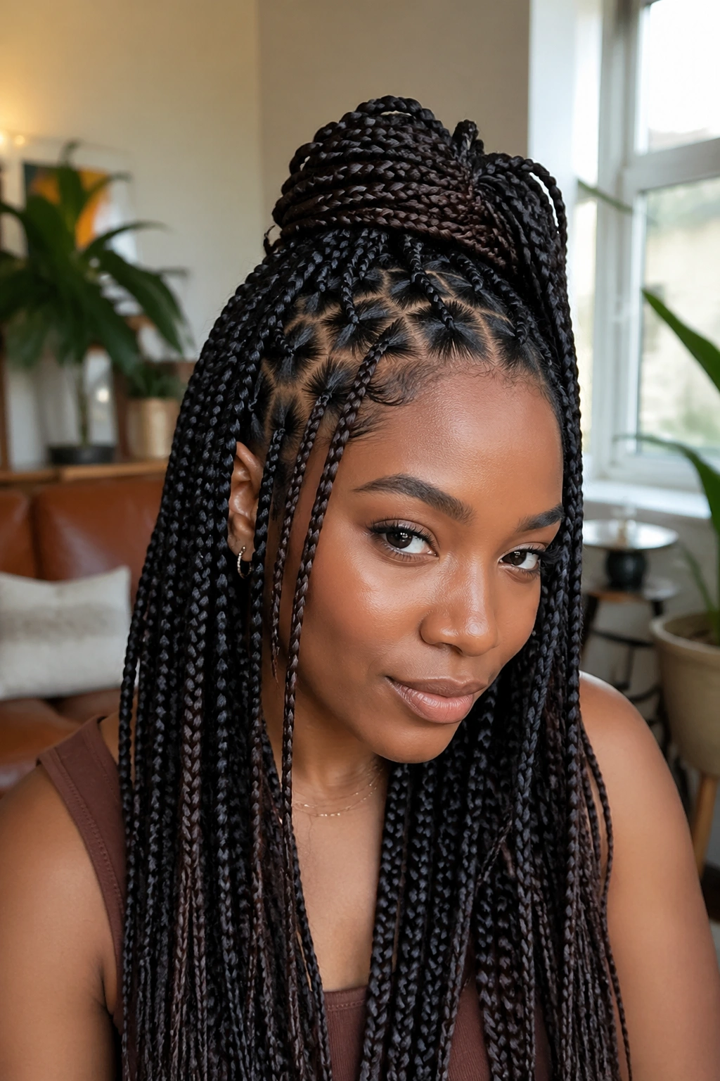 Close-up of real woman with half-up half-down zigzag box braids