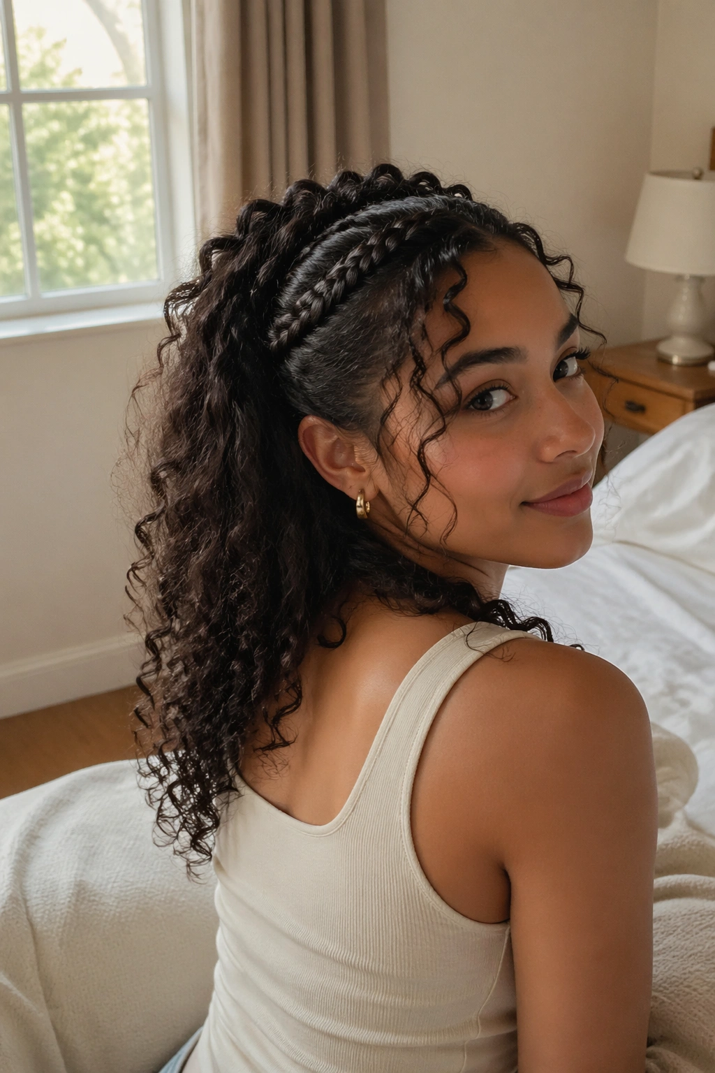Half-up halo cornrows with curls in bedroom mirror