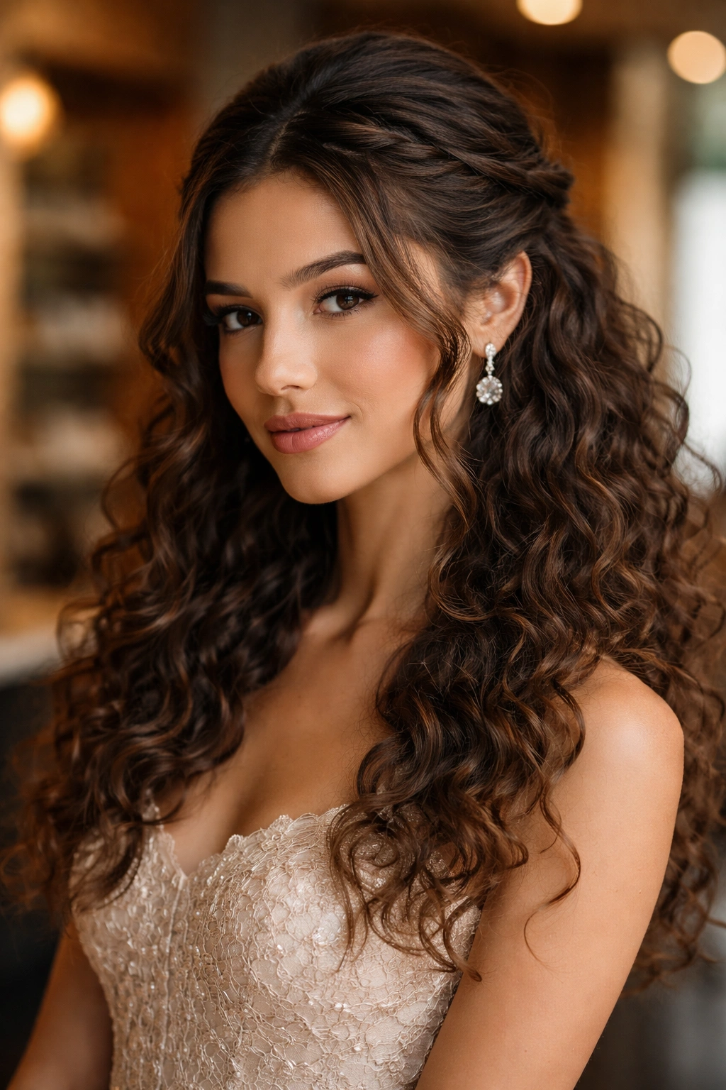 Close-up of a real woman with half-up halo twist and loose curly ends.