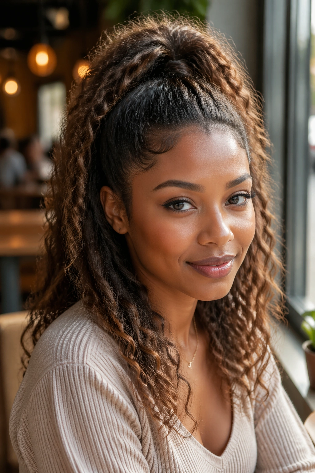 Close-up of a real woman with a half-up high ponytail in natural daylight