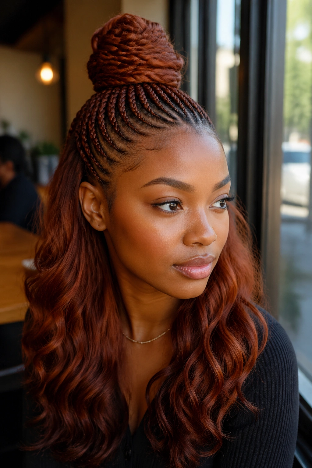 Close-up of auburn half-up hybrid with crown bun and loose waves on real person.