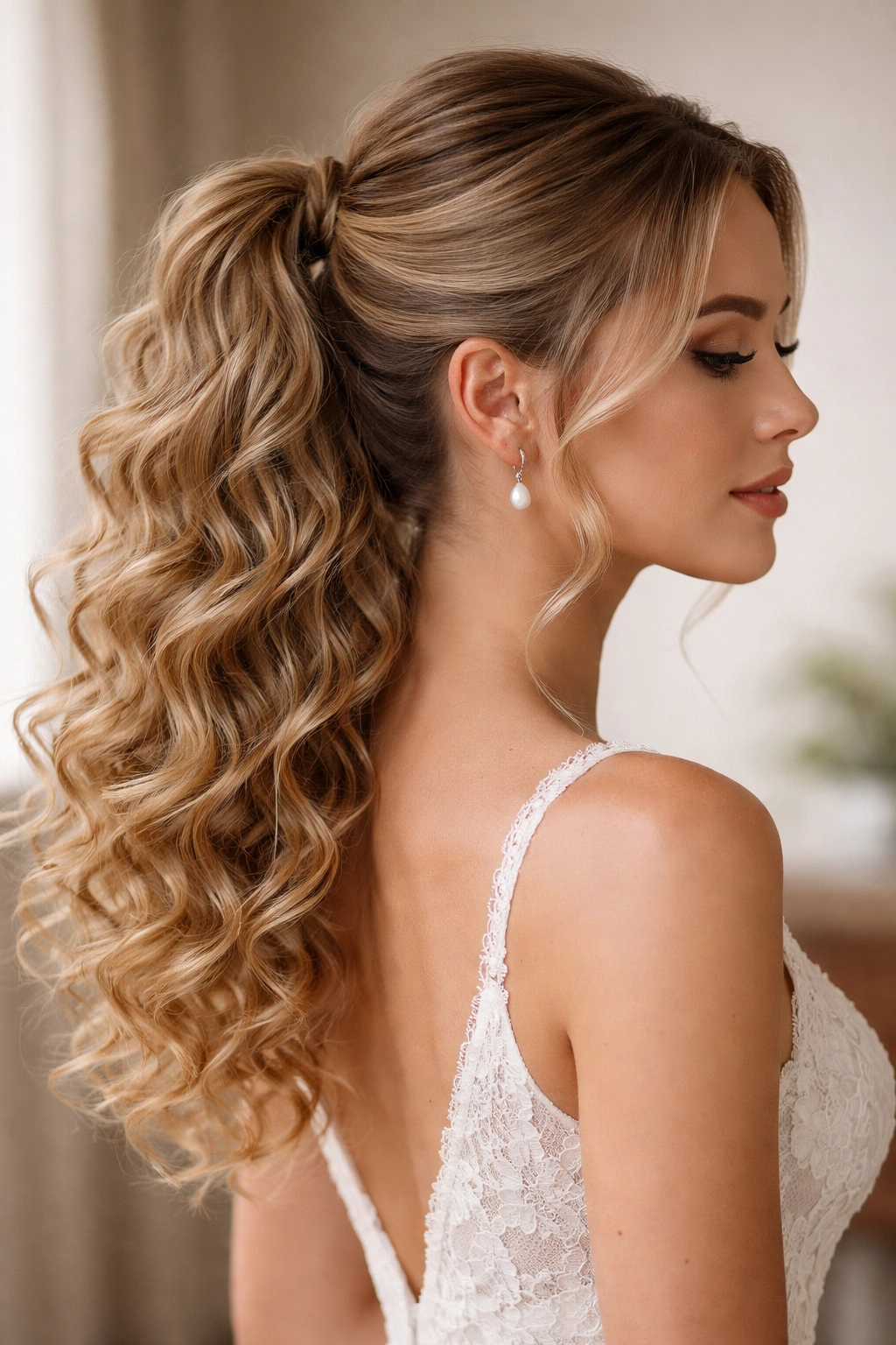 Half-up hybrid curly ponytail with crown lift and loose curls