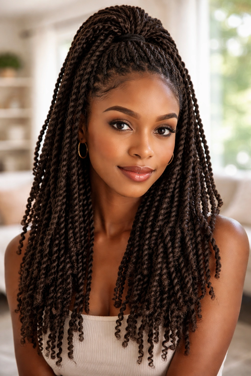 Close-up portrait of a real person wearing half-up kinky twists with top gathered at crown