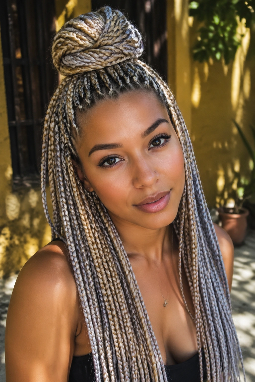 Real woman with half-up top knot showing blonde and grey box braids.