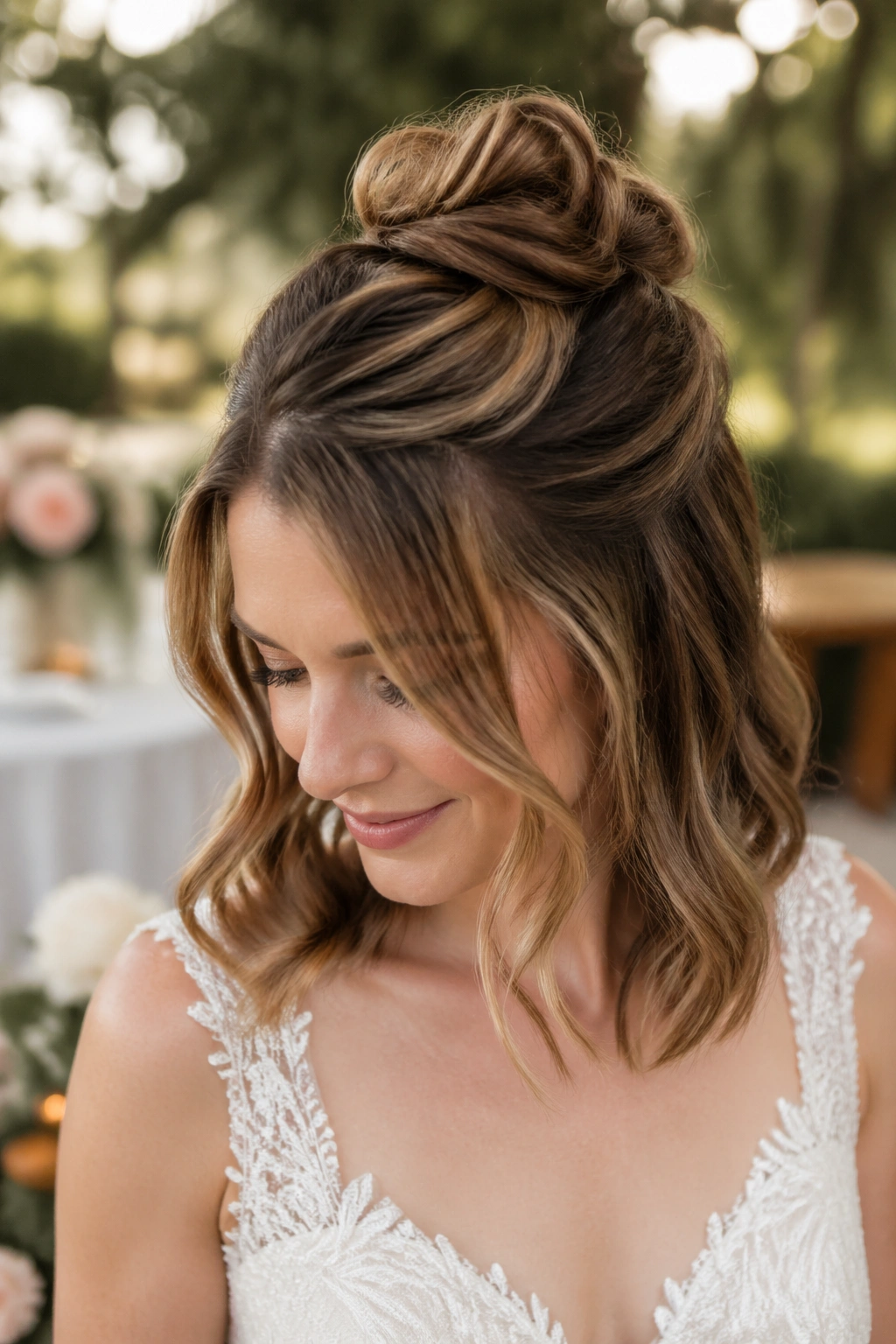 Bride with half-up knot and airy crown volume.