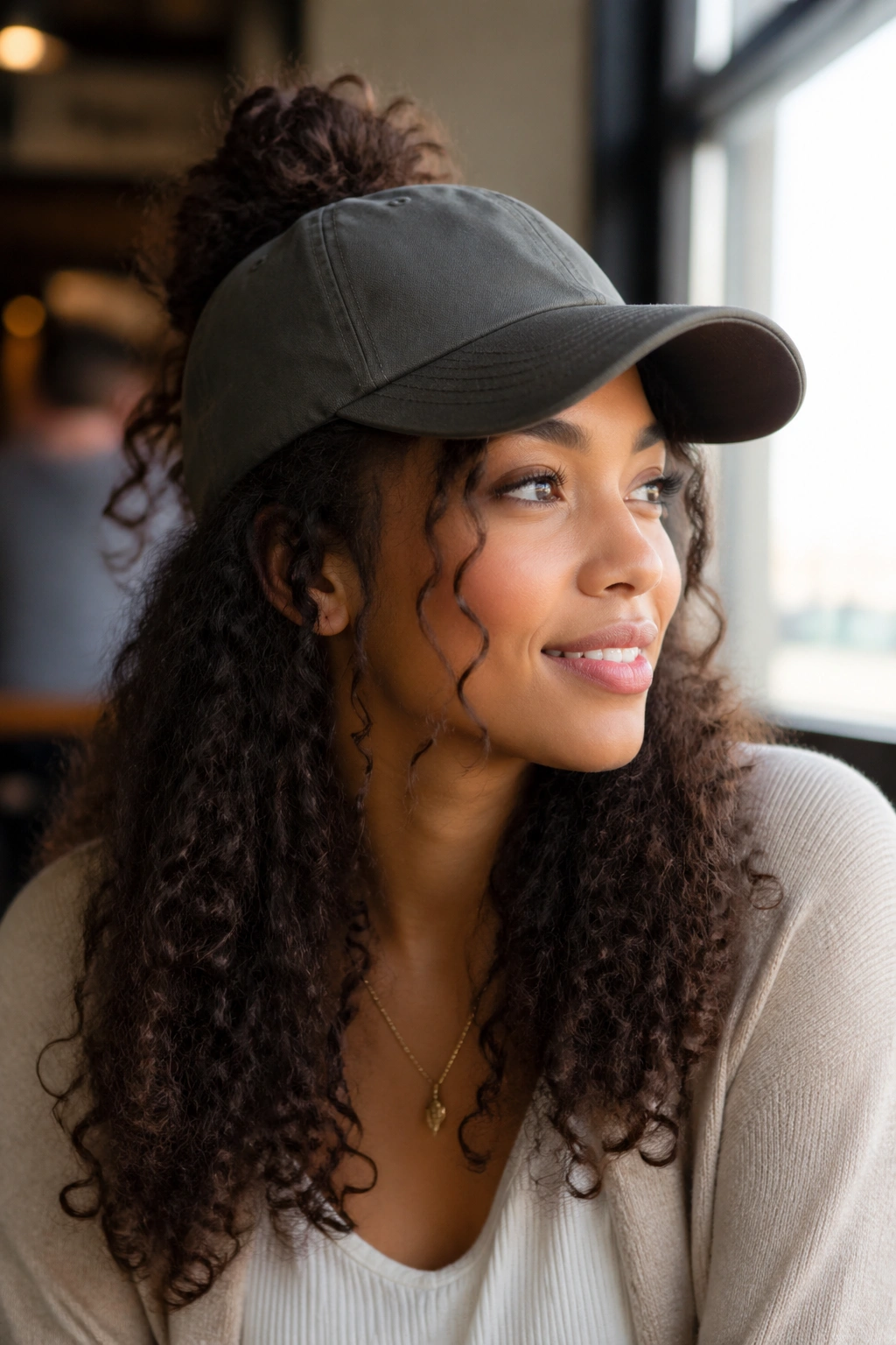 Close-up portrait of a real woman with half-up knot under a cap