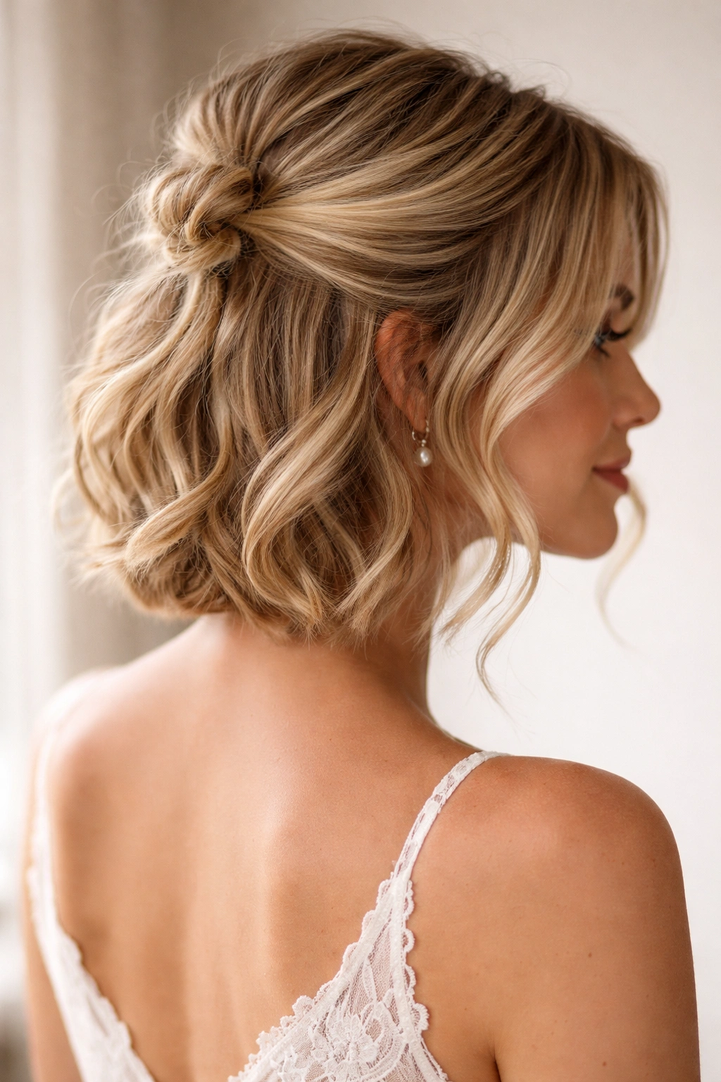 Back view of a half-up knot with face-framing curls
