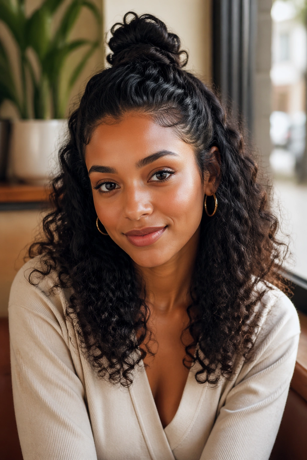 Portrait of a real woman with half-up top knot and loose curls in a bright room